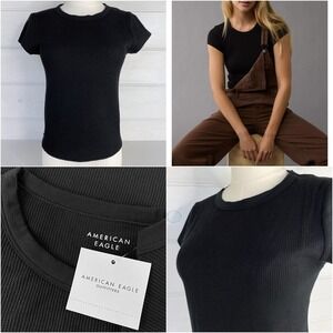 American Eagle AE Waffle T-Shirt Layering Tee S Black Stretch Base Layer 90s Y2K